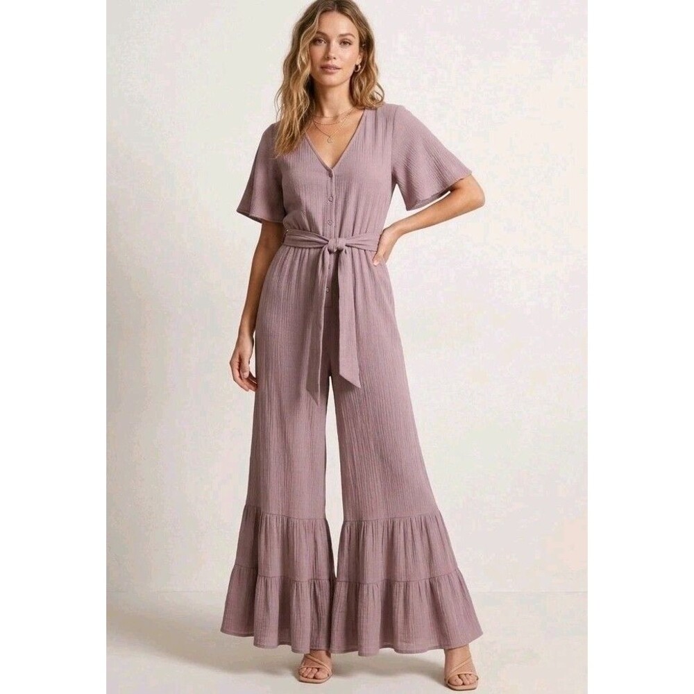 Umgee Sz S Women's Dusty Rose Ruffle Wide Leg Jumpsuit Resort Wear